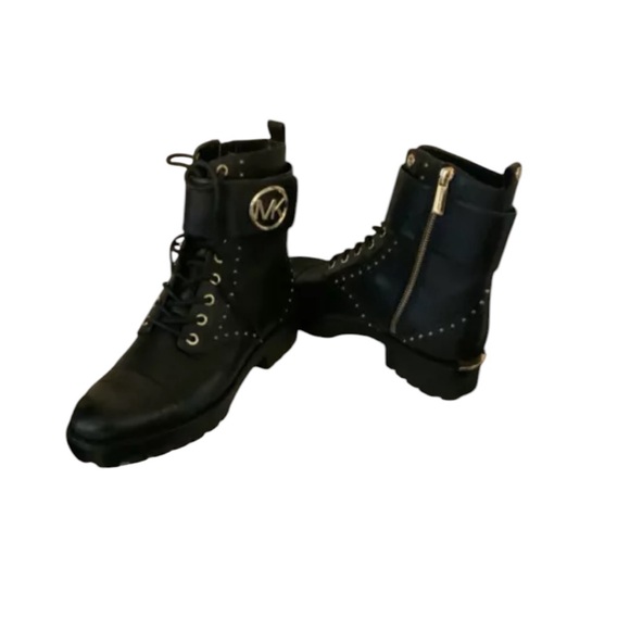 MICHAEL KORS TATUM ICONIC Black Gold Studded COMBAT BIKER BOOTS. Sz 7.5 - Picture 2 of 8